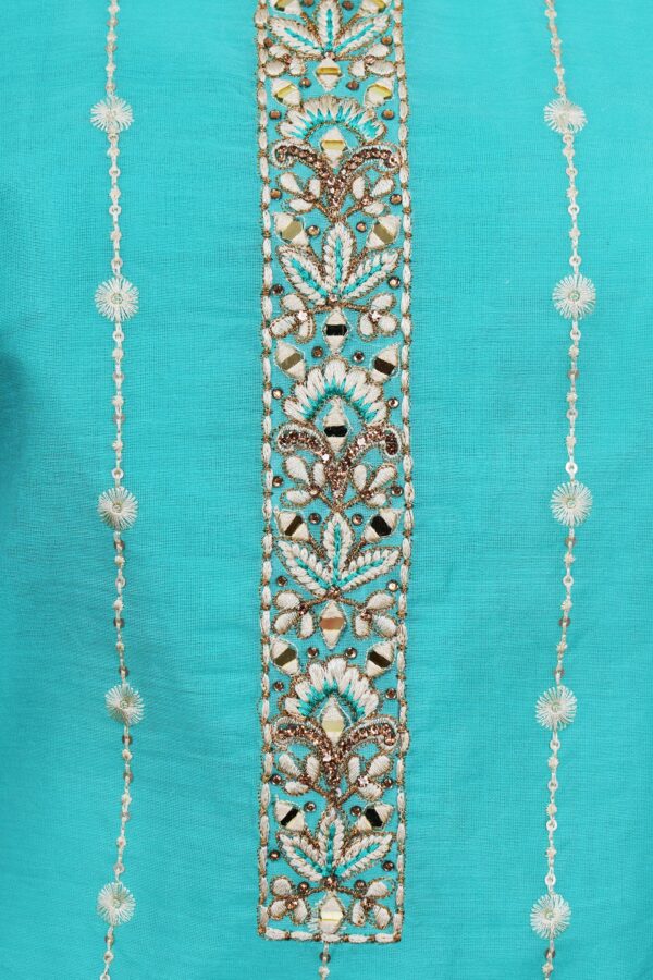 Blue top with white bottom and netted shawl kurti - Image 4