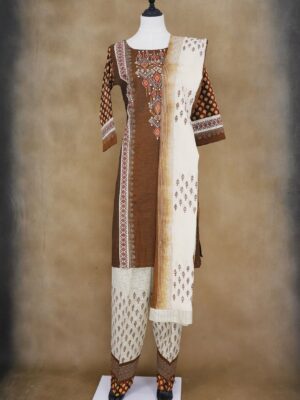 Brown deisgn top with checked white bottom and white and shawl kurti