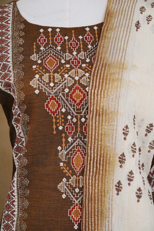 Brown deisgn top with checked white bottom and white and shawl kurti - Image 2