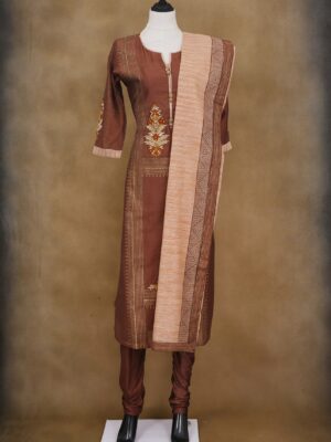 Brown floral design top with brown bottom and light brown shawl kurti
