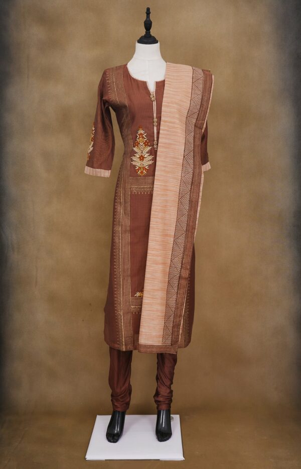 Brown floral design top with brown bottom and light brown shawl kurti