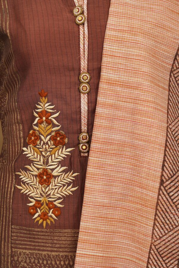 Brown floral design top with brown bottom and light brown shawl kurti - Image 2