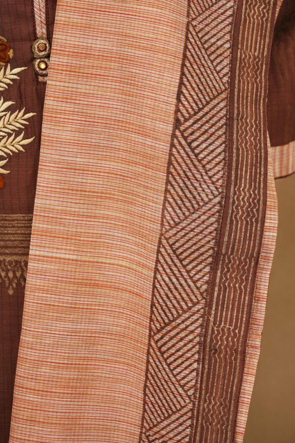 Brown floral design top with brown bottom and light brown shawl kurti - Image 3