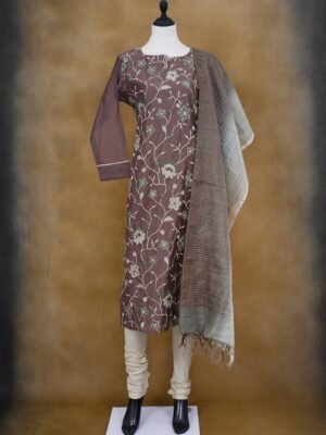 Bown floral design top with white bottom and brown shawl kurti