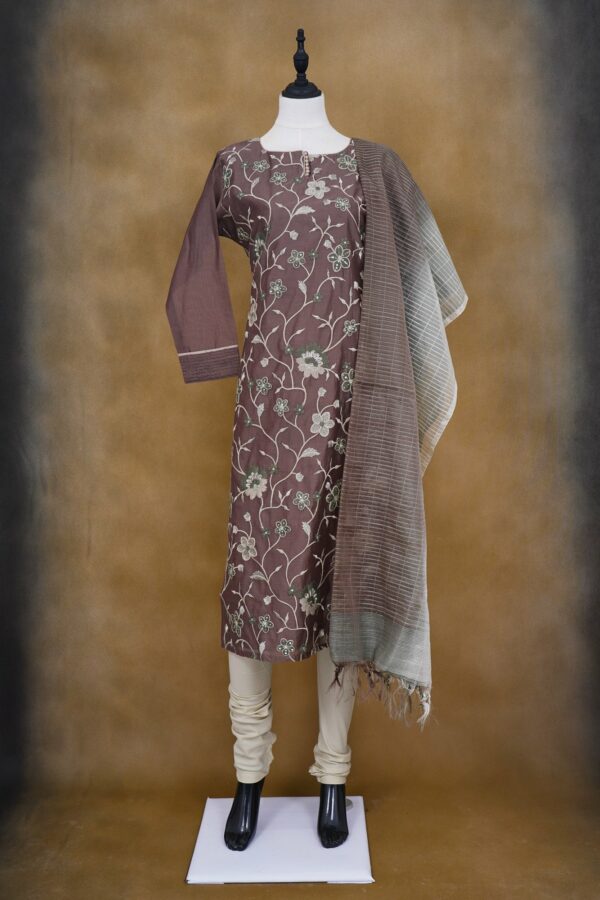Bown floral design top with white bottom and brown shawl kurti