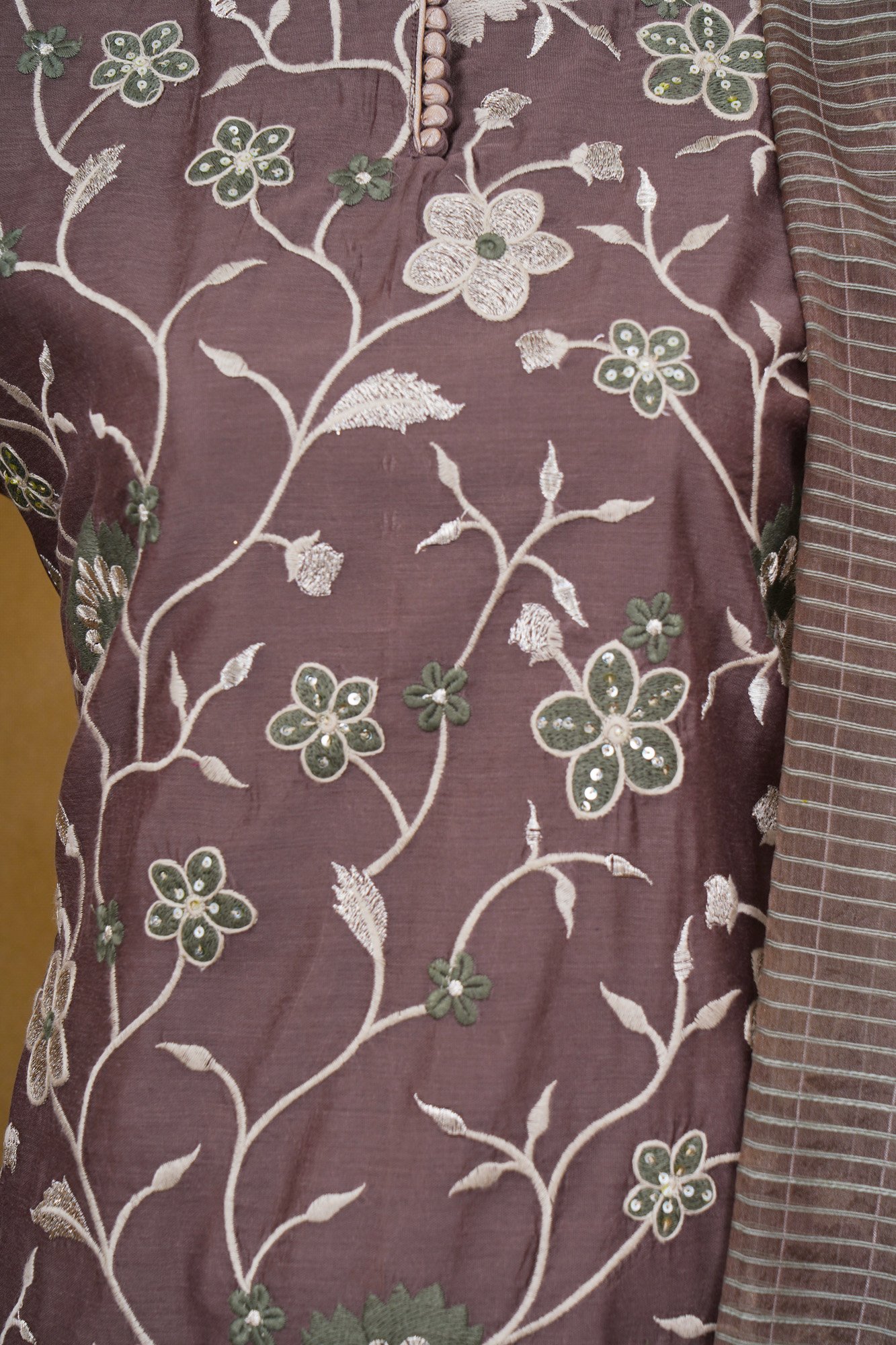 Bown floral design top with white bottom and brown shawl kurti - Image 2