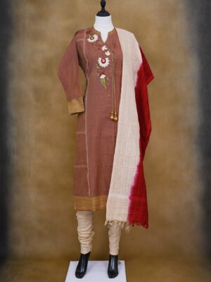 Bown floral design top with white bottom and white red shawl kurti