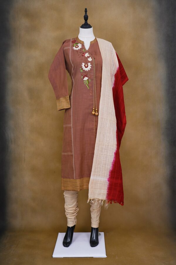 Bown floral design top with white bottom and white red shawl kurti