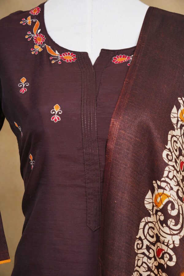 Brown floral top with brown bottom and orange shawl - Image 2