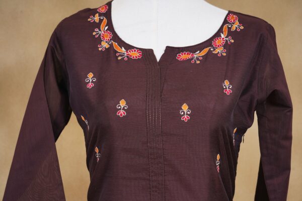 Brown floral top with brown bottom and orange shawl - Image 3