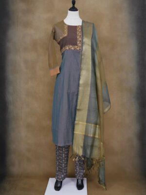 Brown grey top with floral design bottom and grey shawl kurti