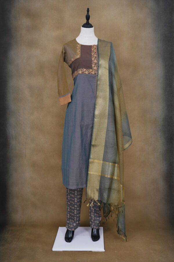 Brown grey top with floral design bottom and grey shawl kurti