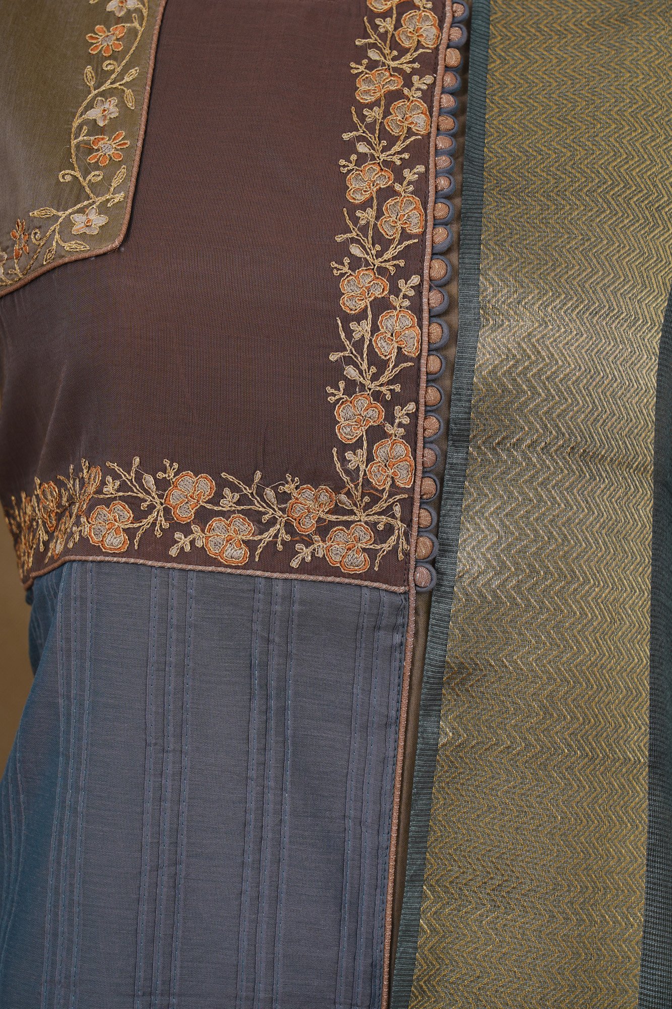 Brown grey top with floral design bottom and grey shawl kurti - Image 2