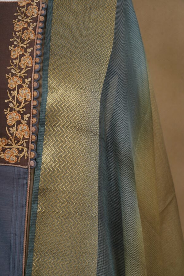 Brown grey top with floral design bottom and grey shawl kurti - Image 3