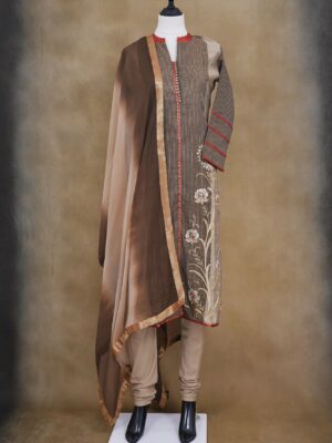 Brown stripe floral design top with beige bottom and brown shawl kurti