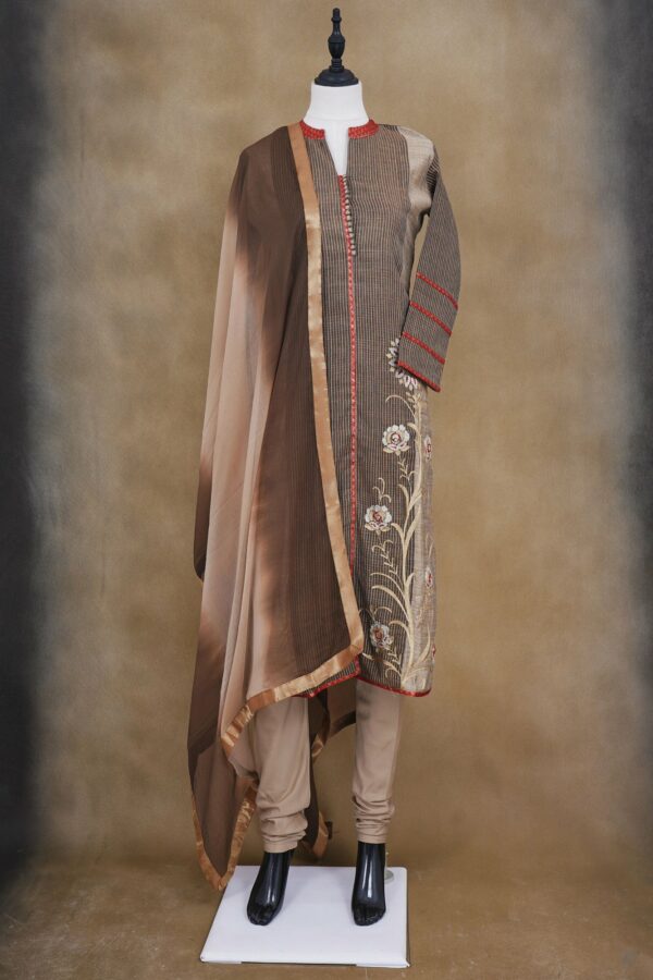 Brown stripe floral design top with beige bottom and brown shawl kurti