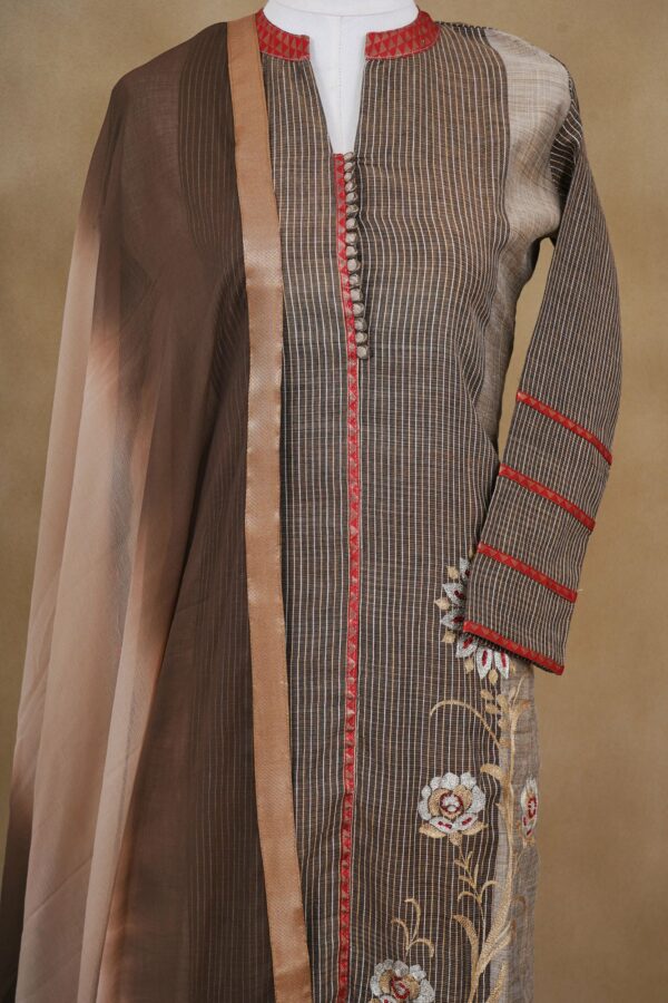 Brown stripe floral design top with beige bottom and brown shawl kurti - Image 2