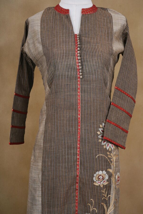 Brown stripe floral design top with beige bottom and brown shawl kurti - Image 3