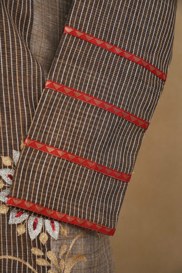Brown stripe floral design top with beige bottom and brown shawl kurti - Image 4