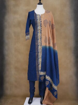 Dark blue and beige floral design top with blue bottom and beige shawl kurti