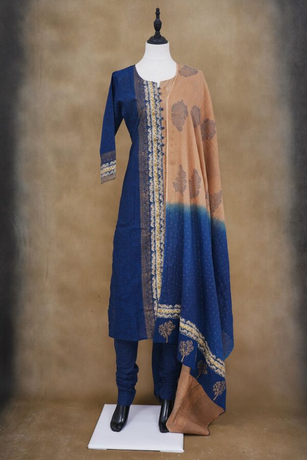 Dark blue and beige floral design top with blue bottom and beige shawl kurti