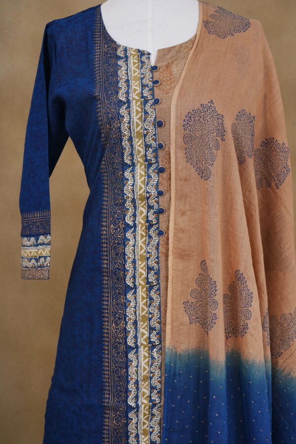 Dark blue and beige floral design top with blue bottom and beige shawl kurti - Image 2