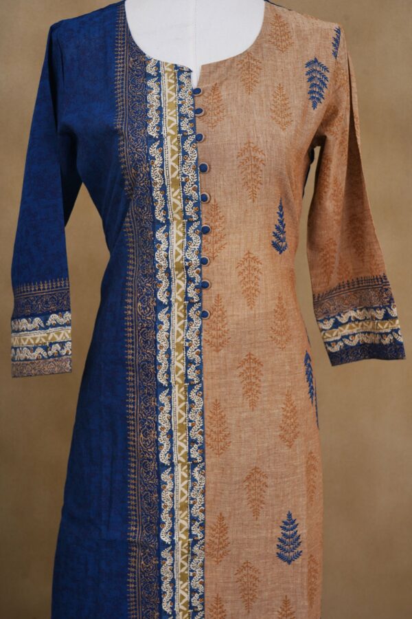 Dark blue and beige floral design top with blue bottom and beige shawl kurti - Image 3
