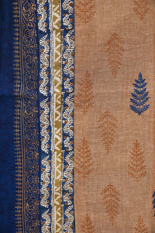 Dark blue and beige floral design top with blue bottom and beige shawl kurti - Image 4