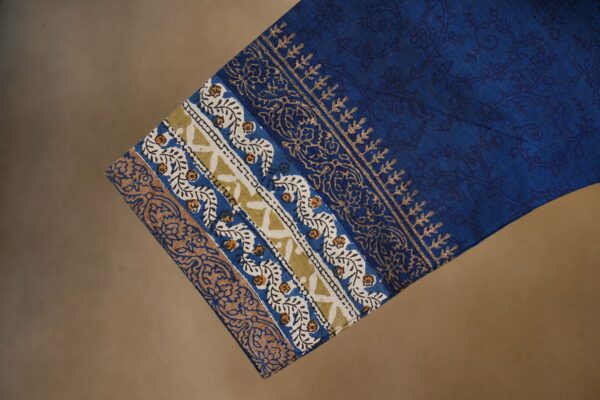 Dark blue and beige floral design top with blue bottom and beige shawl kurti - Image 5