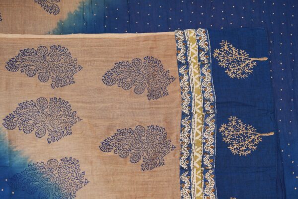 Dark blue and beige floral design top with blue bottom and beige shawl kurti - Image 6