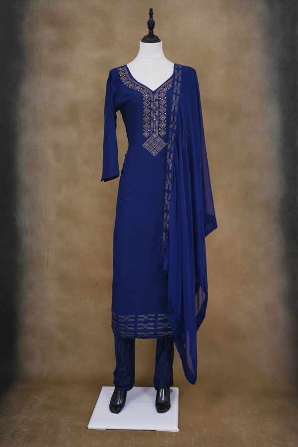 Dark blue design top with dark blue bottom and blue shawl kurti