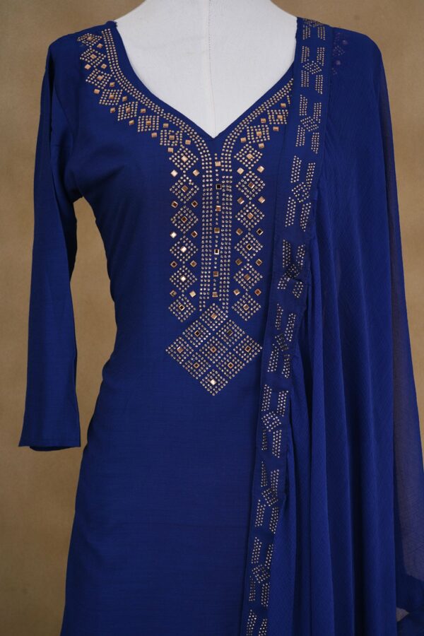 Dark blue design top with dark blue bottom and blue shawl kurti - Image 2