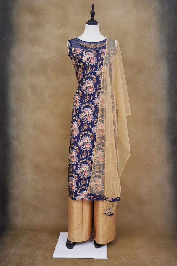 Dark blue floral design top with beige bottom and shawl kurti