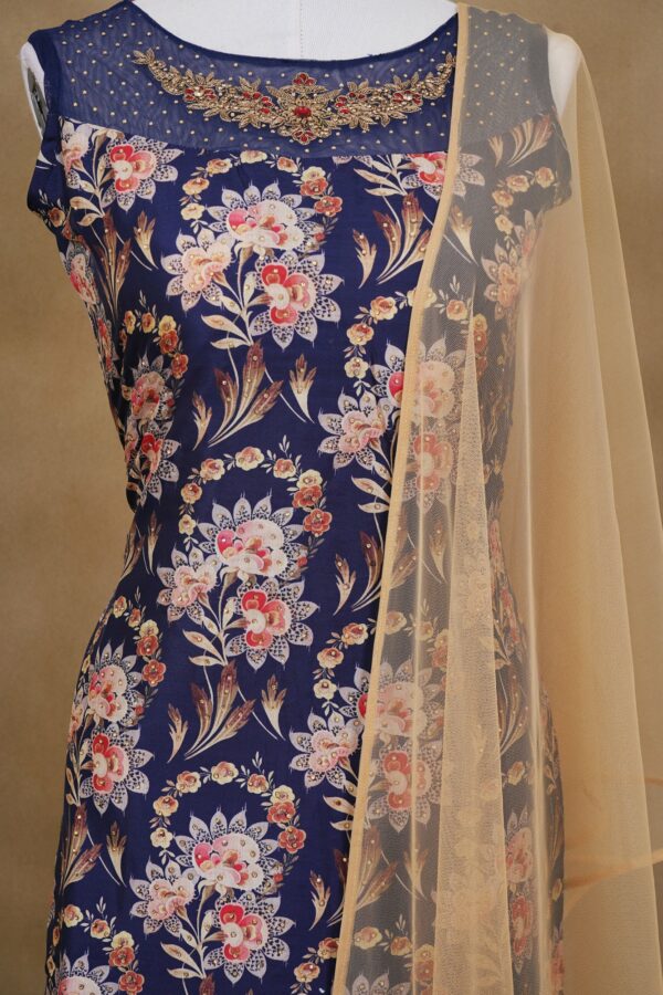 Dark blue floral design top with beige bottom and shawl kurti - Image 2