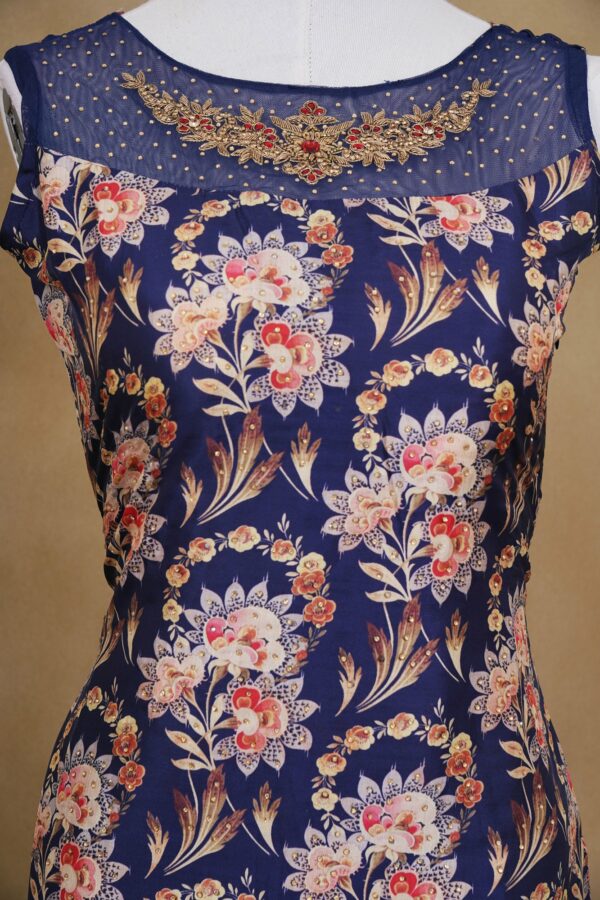 Dark blue floral design top with beige bottom and shawl kurti - Image 4