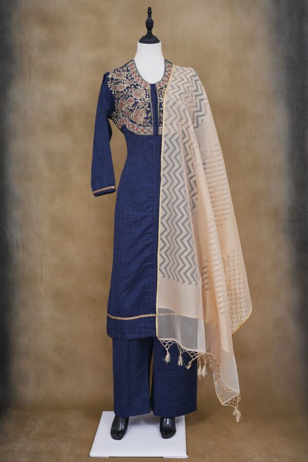 Dark blue floral design with dark blue bottom and beige shawl kurti