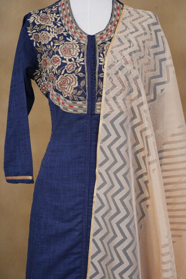 Dark blue floral design with dark blue bottom and beige shawl kurti - Image 2