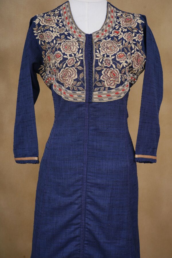 Dark blue floral design with dark blue bottom and beige shawl kurti - Image 3