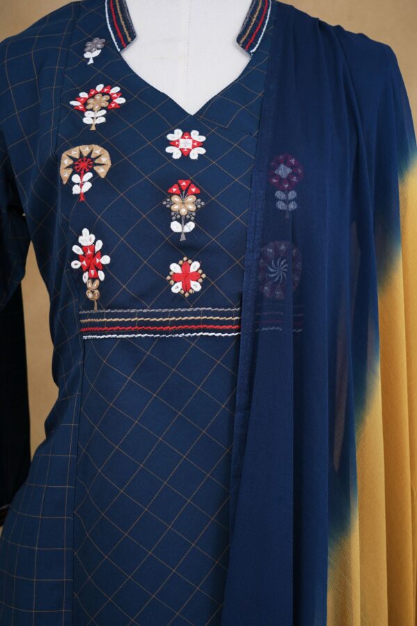 Dark blue floral top with yellow bottom Kurti - Image 2