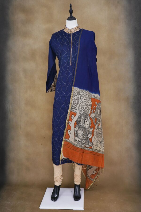 Dark blue top with beige bottom and kalamkari shawl kurti