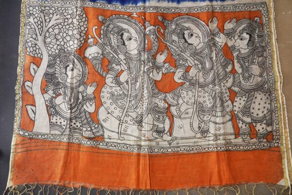Dark blue top with beige bottom and kalamkari shawl kurti - Image 3