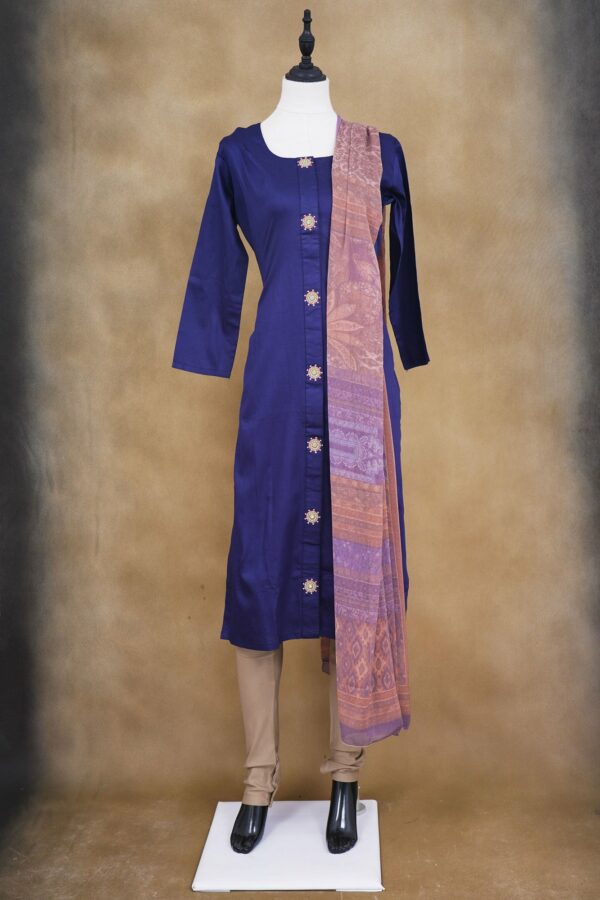 Dark blue top with beige bottom and lavender shawl kurti