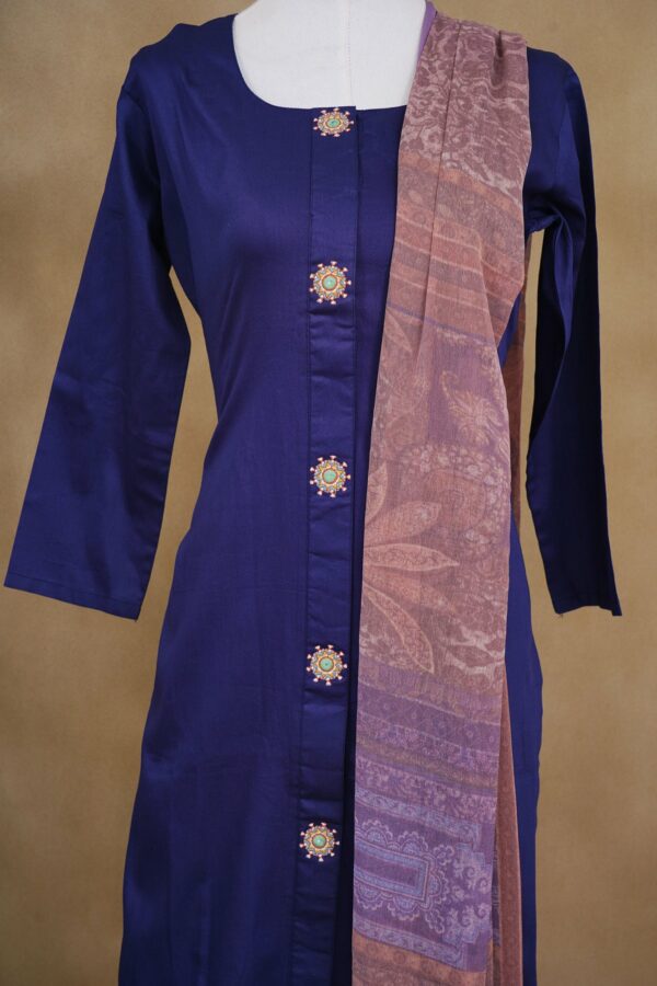 Dark blue top with beige bottom and lavender shawl kurti - Image 2