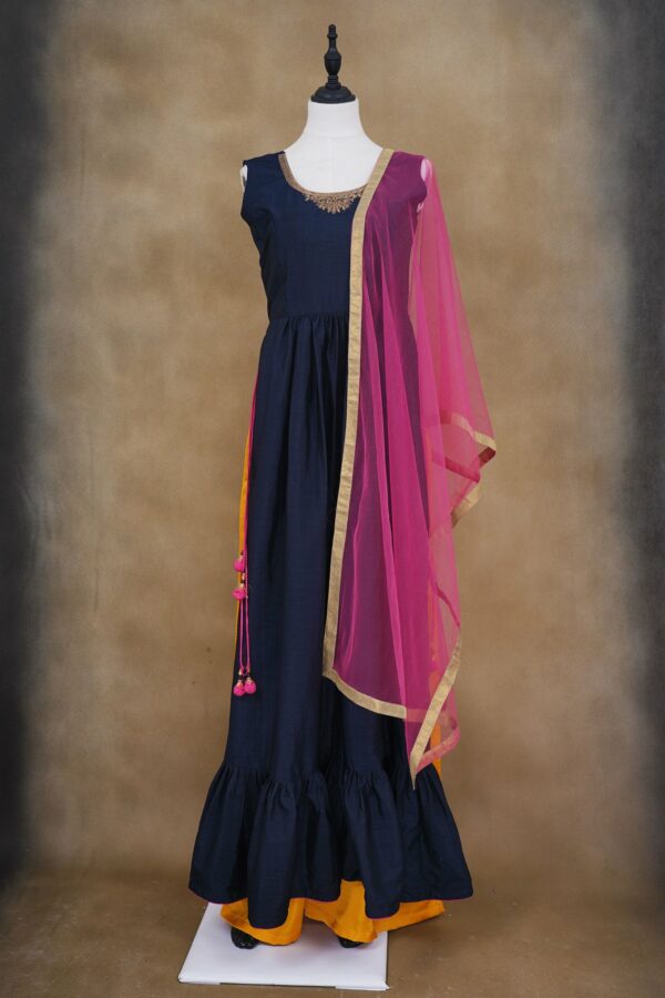 Dark blue top with yellow palazzo bottom and pink shawl kurti