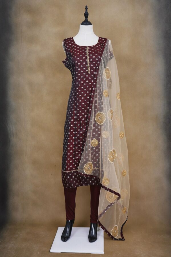 Dark brown design top with dark brown bottom and netted shawl kurti