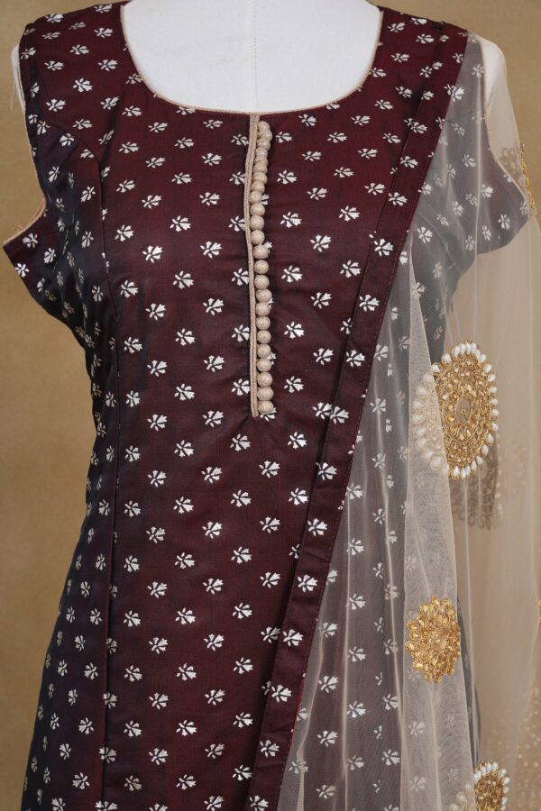 Dark brown design top with dark brown bottom and netted shawl kurti - Image 2
