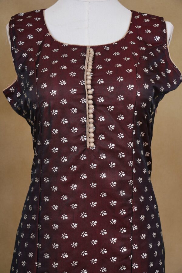 Dark brown design top with dark brown bottom and netted shawl kurti - Image 3