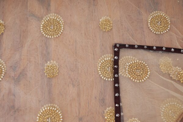 Dark brown design top with dark brown bottom and netted shawl kurti - Image 4