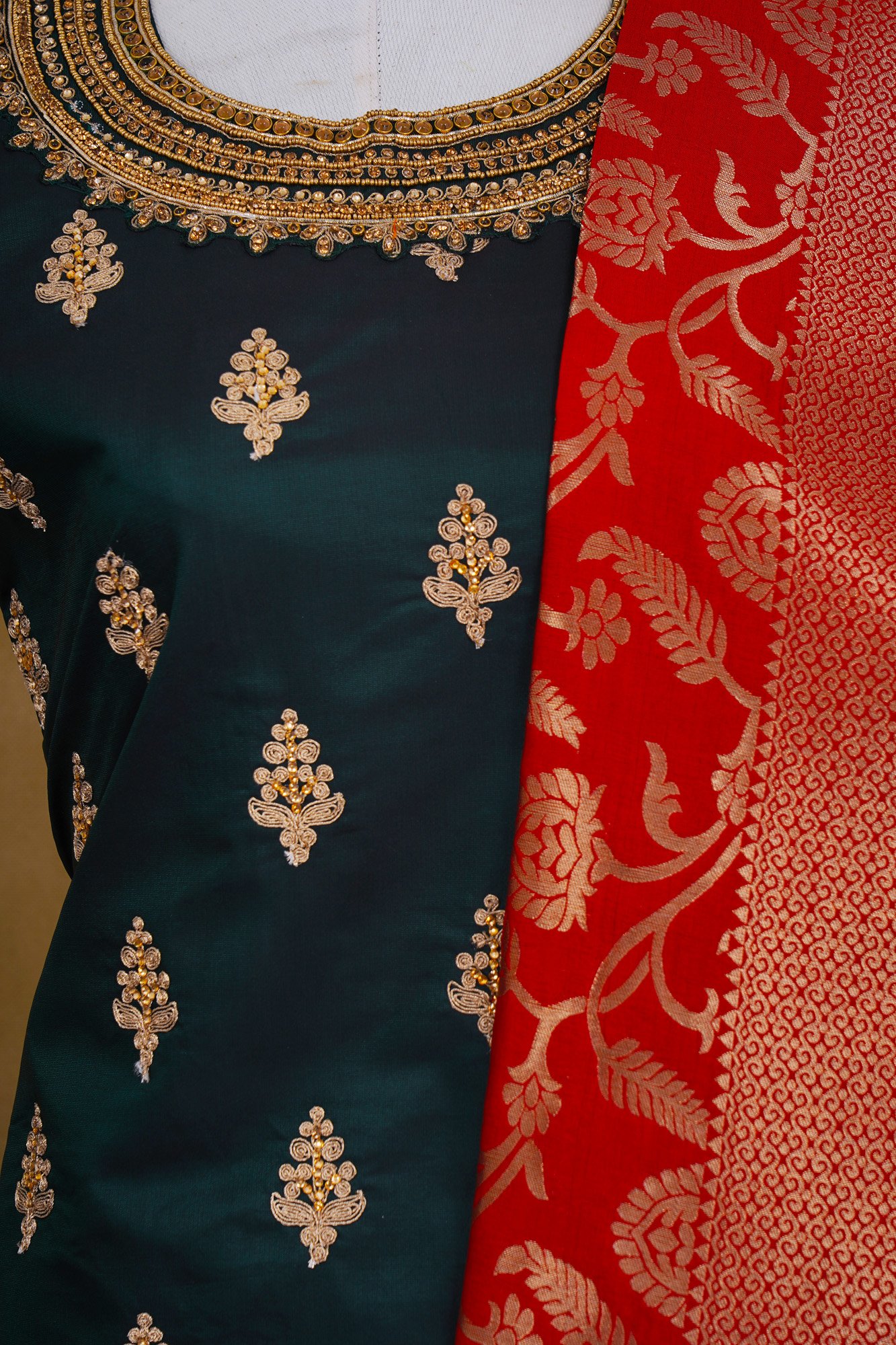 Dark green top with dark green bottom and red shawl kurti - Image 2