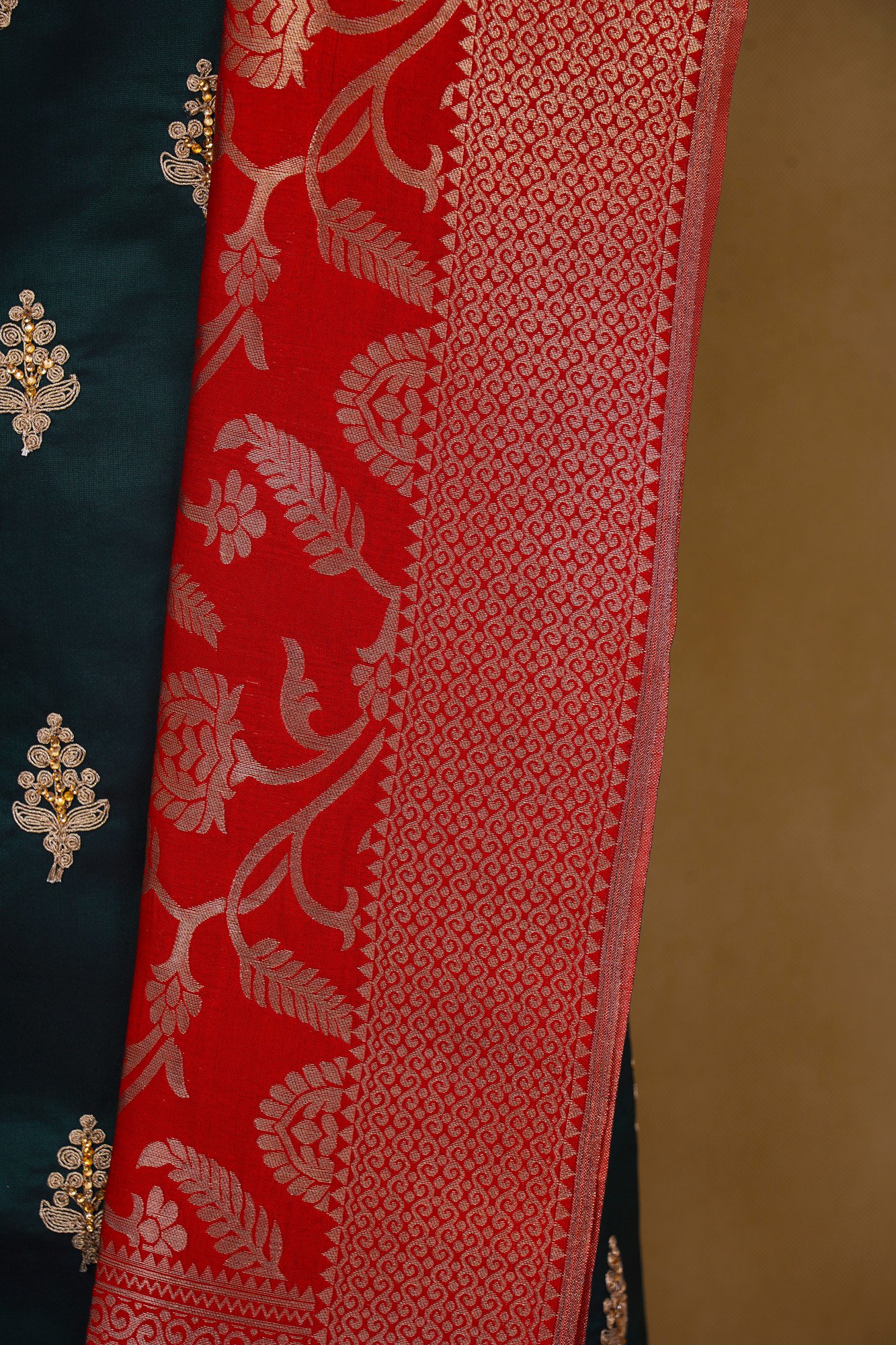 Dark green top with dark green bottom and red shawl kurti - Image 3